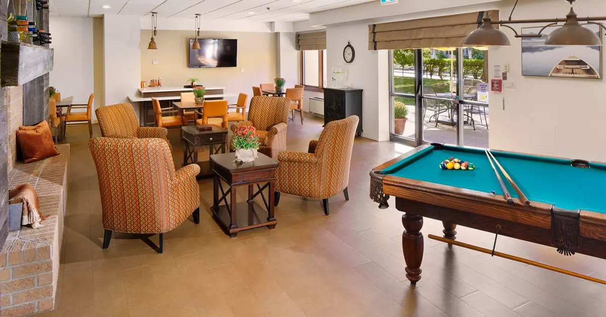 Billiards and games room at Chartwell Park Place Retirement Residence. 