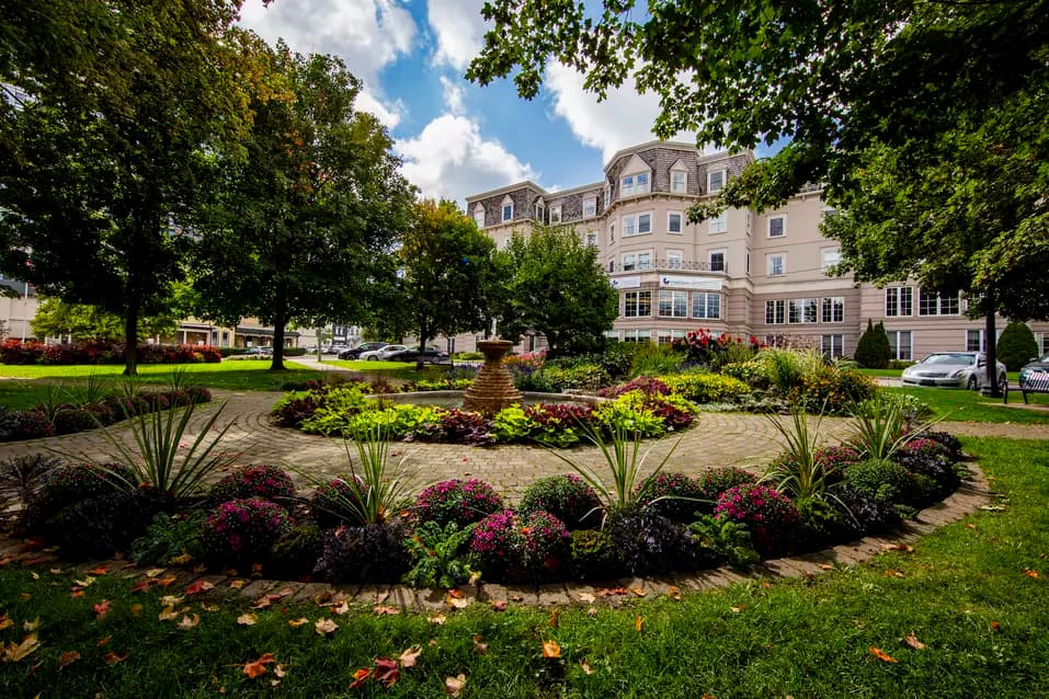 Chartwell Terrace on the Square's exterior garden with water fountain