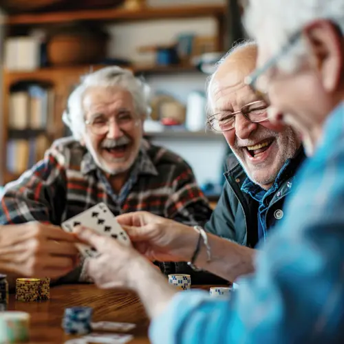 A group of elderly friends laughing and enjoying a game of cards, sitting around a table with poker chips, in a cozy home setting / Un groupe d'amis âgés riant et jouant aux cartes, assis autour d'une table avec des jetons de poker, dans une maison confortable.