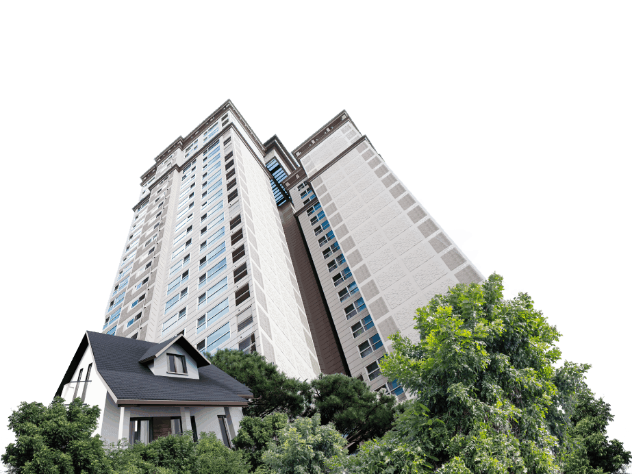 Suburban house and high-rise residential building comparison under clear sky / Maison de banlieue et immeuble résidentiel en hauteur comparés sous un ciel dégagé