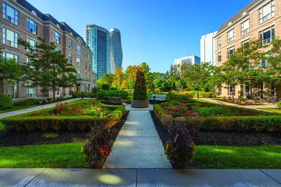 City view from outdoor gardens at Chartwell Robert Speck Retirement Residence